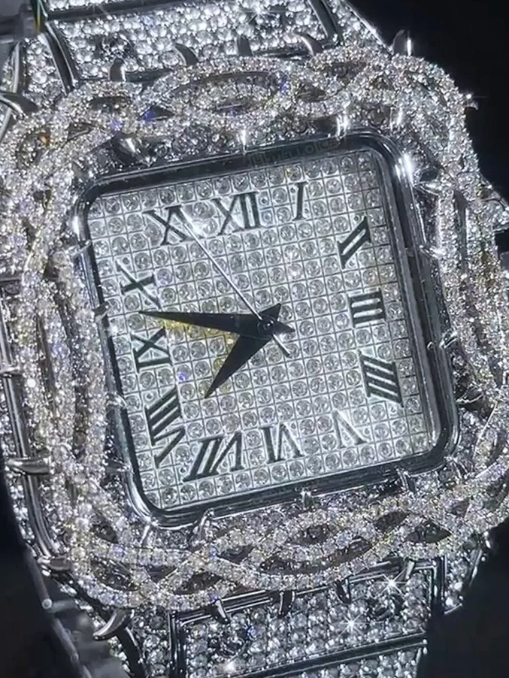 Iced Out Thorn Crown Square Quartz Men's Watch in White Gold